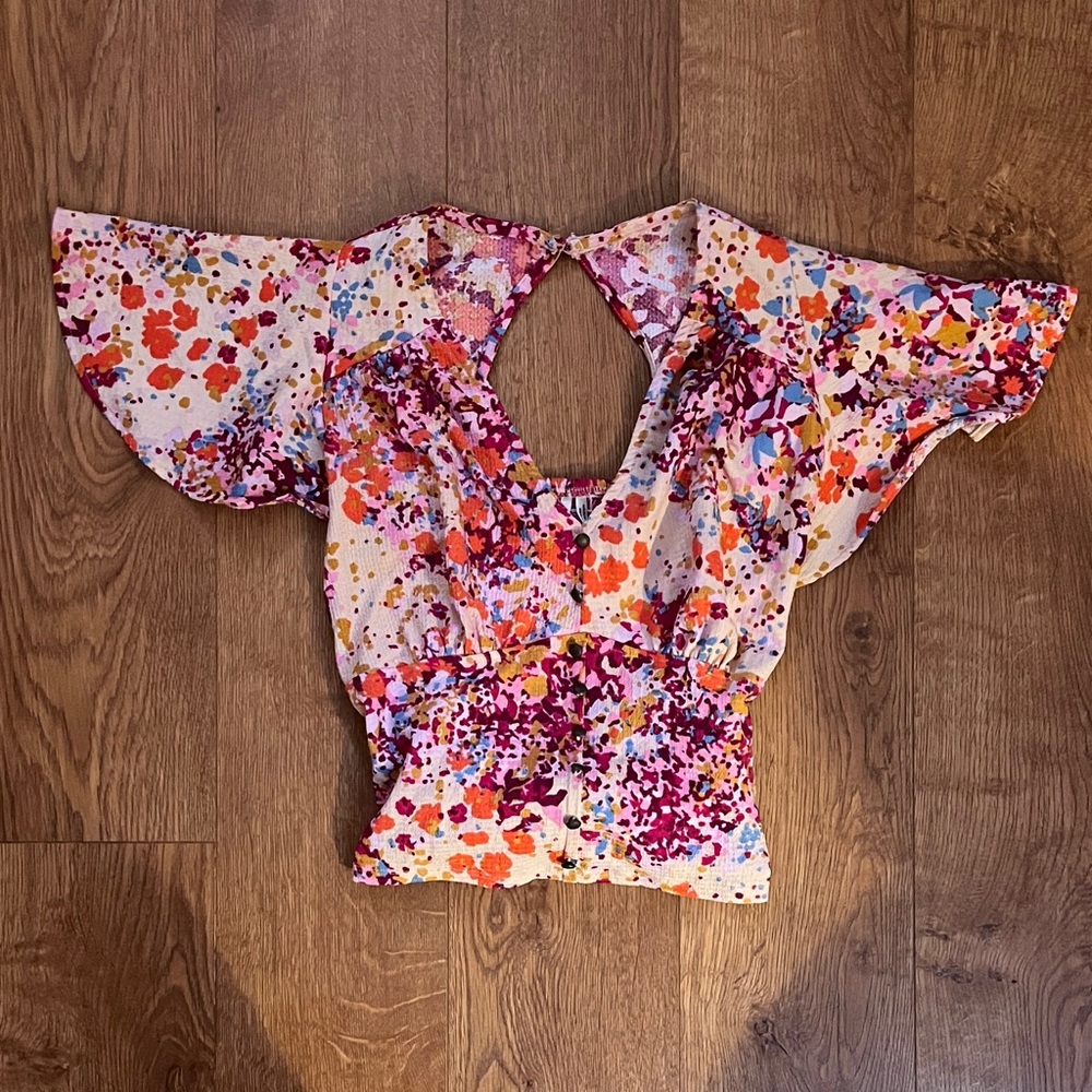Anthropologie Multicolor S Floral Blouse with Flutter Sleeves and Bow Detail